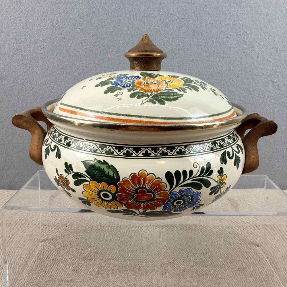 Vintage ASTA Enamelware Floral Casserole Pot with Lid West Germany Brass Handles
